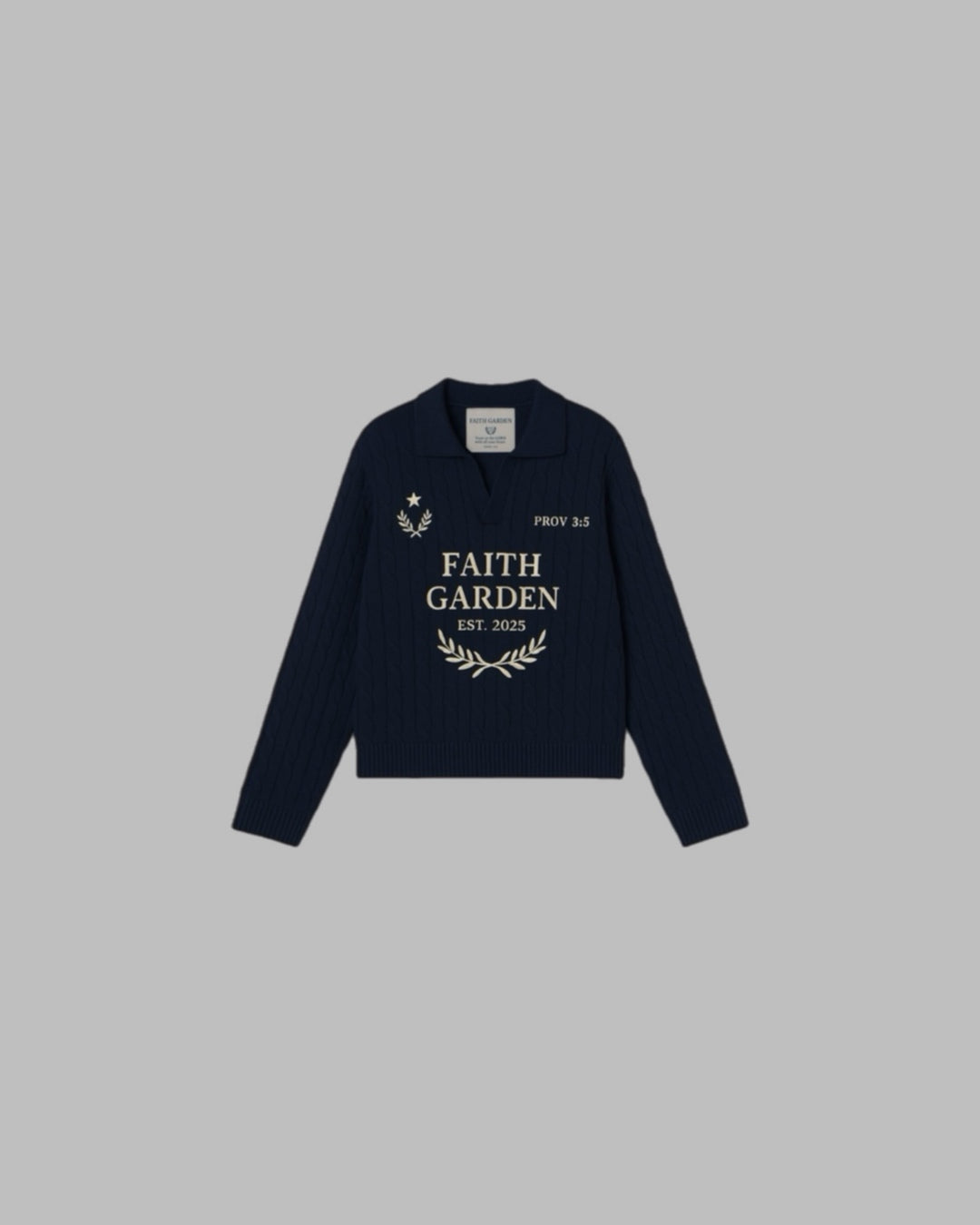 Faith Garden “Prov 3:5” Cable-Knit Sweater– Crest Edition